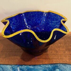 Glass Eye Studio Mottled Cobalt Blue with Gold Ruffle Rim Bowl Blown Glass